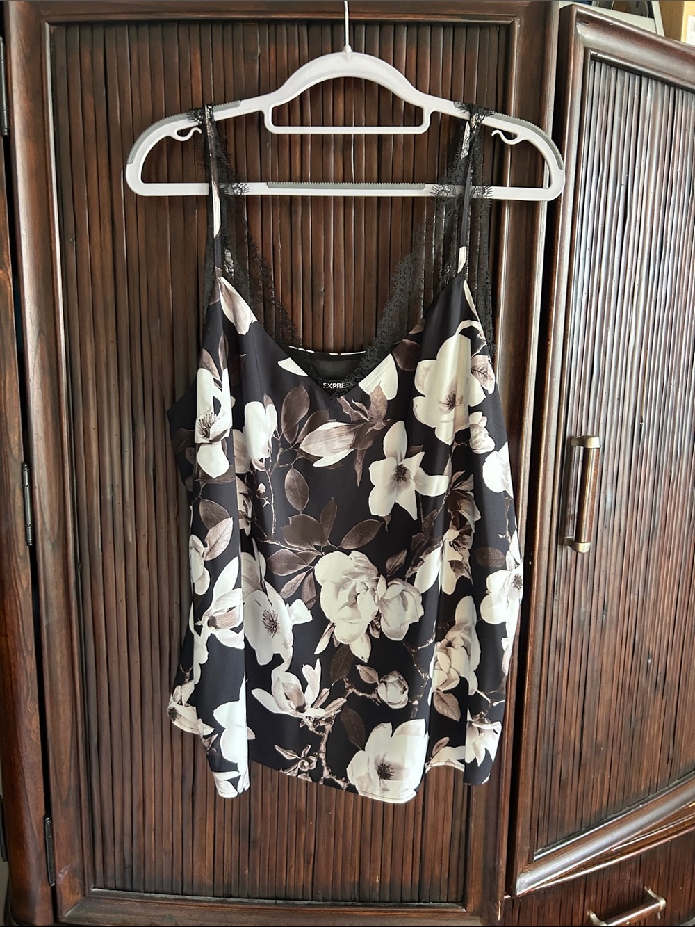 Express Black Floral Lace-Trim Camisole with Cream Blooms